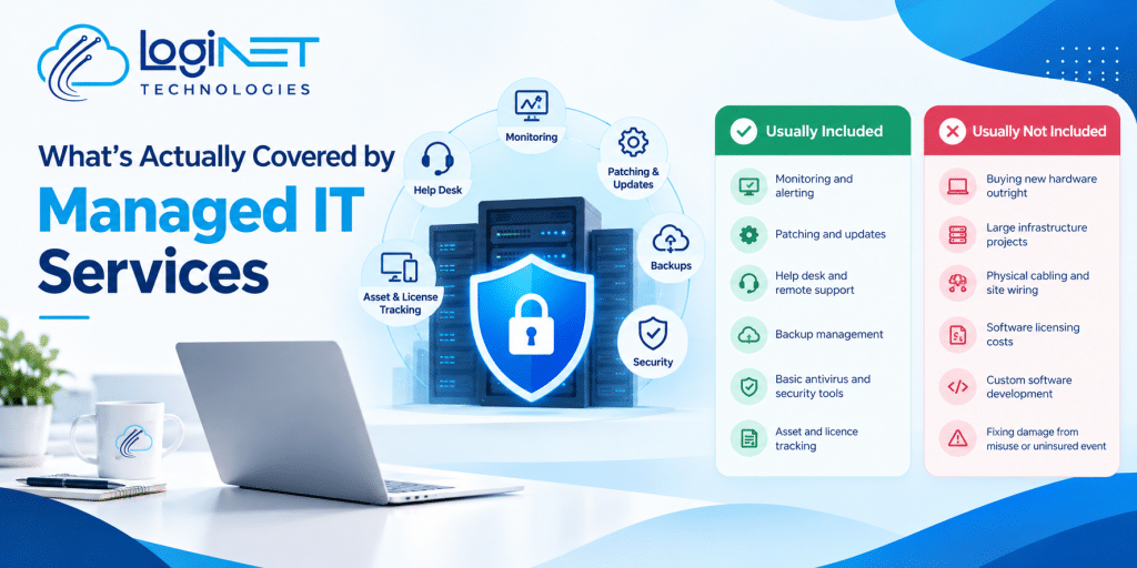 LogiNET Technologies graphic explaining managed IT services, showing what is usually included—monitoring, patching, help desk, backups, security, and asset tracking—and what is typically excluded, such as hardware purchases, major projects, cabling, licensing costs, custom software, and uninsured damage.