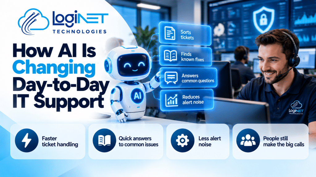 Loginet Technologies infographic showing how AI is changing day-to-day IT support, featuring an AI robot and IT technician with icons for faster ticket handling, automated responses, alert reduction and human oversight.