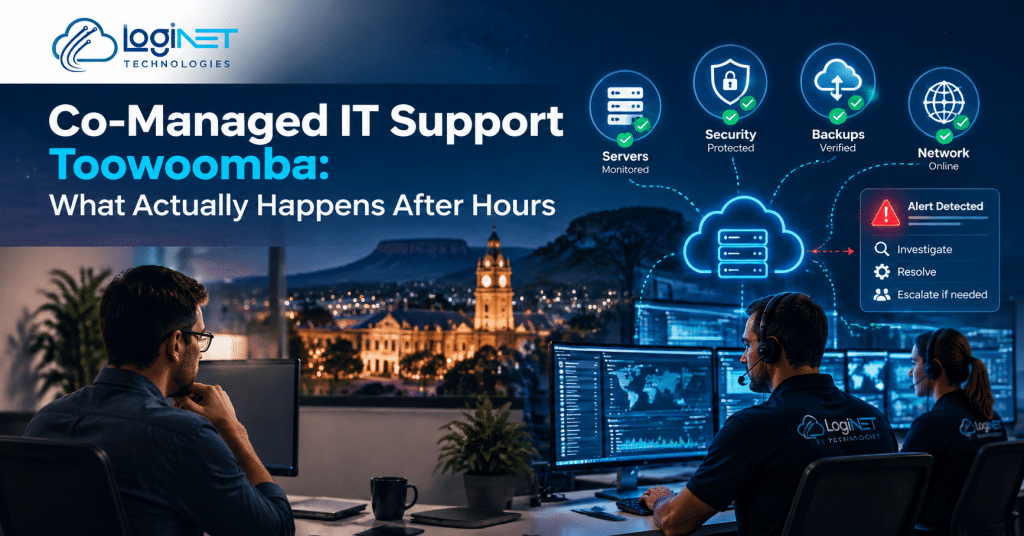 Co-managed IT support Toowoomba services showing after-hours monitoring, cybersecurity protection, server management, and remote IT support operations by LogiNET Technologies