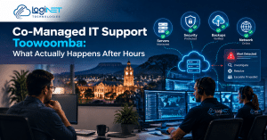 Co-managed IT support Toowoomba services showing after-hours monitoring, cybersecurity protection, server management, and remote IT support operations by LogiNET Technologies