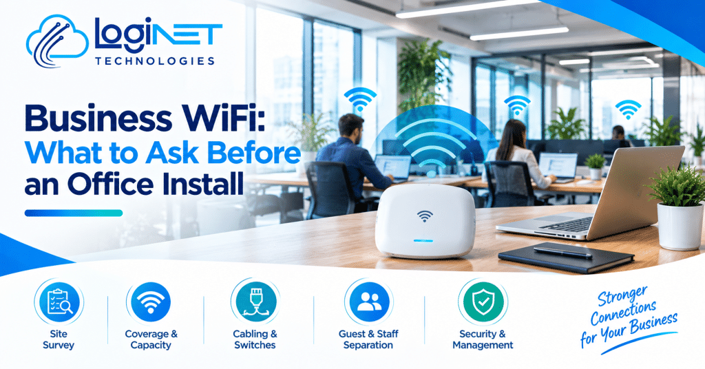 Loginet Technologies business WiFi installation featuring office wireless access points, site surveys, network coverage, cabling, guest and staff network separation, and security management.