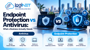 Loginet Technologies infographic comparing endpoint protection vs antivirus for businesses, featuring laptops, cybersecurity shields, threat detection, device isolation, expert monitoring and security visibility.