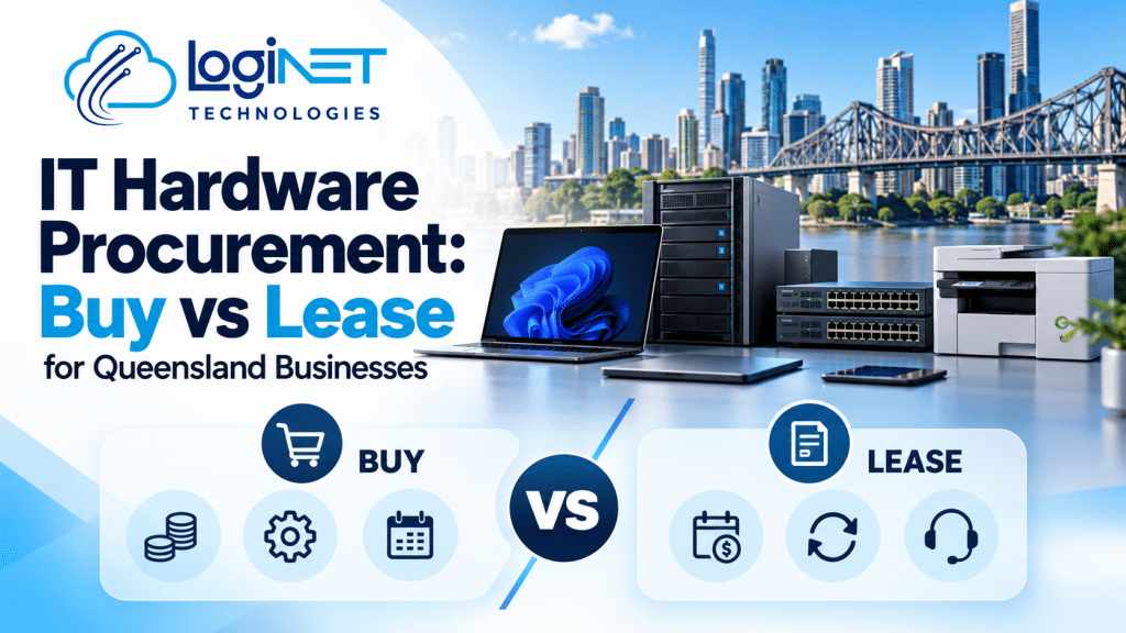 Loginet Technologies IT hardware procurement guide comparing buying vs leasing for Queensland businesses, featuring laptops, servers, networking equipment, and printers against the Brisbane skyline, with buy and lease comparison icons.