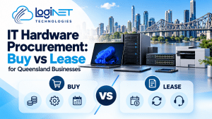 Loginet Technologies IT hardware procurement guide comparing buying vs leasing for Queensland businesses, featuring laptops, servers, networking equipment, and printers against the Brisbane skyline, with buy and lease comparison icons.