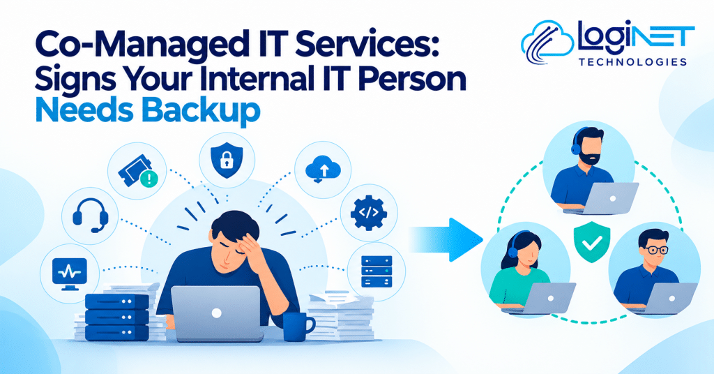 Co-managed IT services illustration showing an overwhelmed internal IT professional receiving backup from a collaborative IT support team, representing shared workload, security, monitoring, and project support.