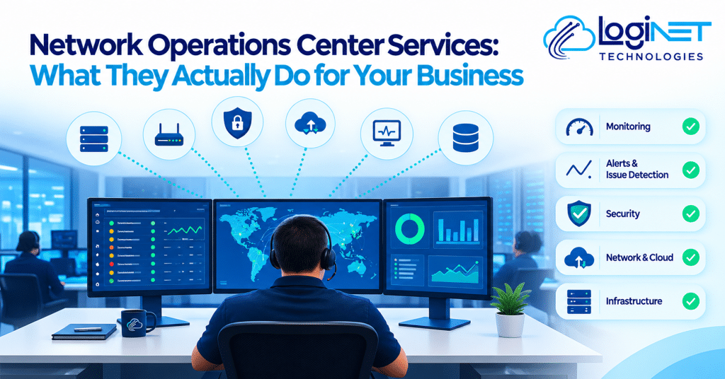 Network Operations Center services illustration showing a technician monitoring servers, network devices, cloud systems, traffic, and security alerts to detect and resolve IT issues before they cause business outages.