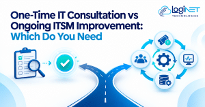 One-Time IT Consultation vs Ongoing ITSM Improvement, illustrated with a consultation checklist, decision path, and continuous IT service management cycle.