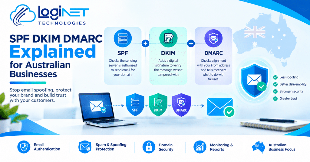 Loginet Technologies featured image explaining SPF, DKIM and DMARC email authentication for Australian businesses, highlighting email security, spoofing prevention, improved deliverability and domain protection.