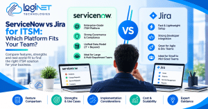 ServiceNow vs Jira for ITSM comparison showing key features, use cases, implementation, cost, scalability, and platform differences for business teams.
