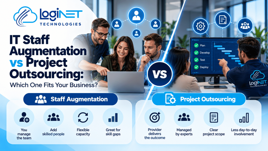 Loginet Technologies infographic comparing IT staff augmentation vs project outsourcing, showing collaborative IT teams, project management, flexible staffing, expert-led delivery and business benefits. Do you like this personality?
