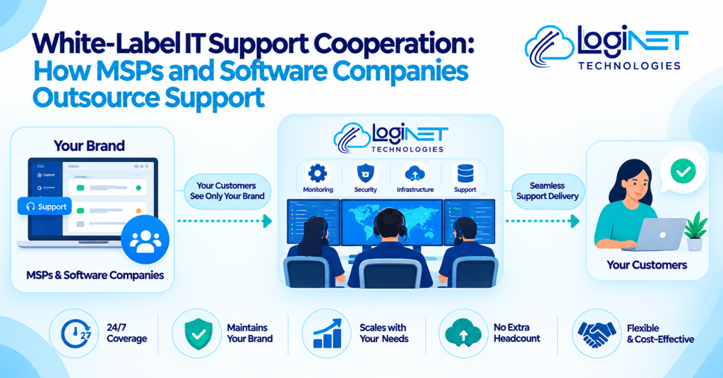 White-label IT support cooperation illustration showing LogiNET Technologies providing behind-the-scenes IT support for MSPs and software companies, maintaining their brand identity while enabling 24/7 coverage, scalability, and cost-effective support.